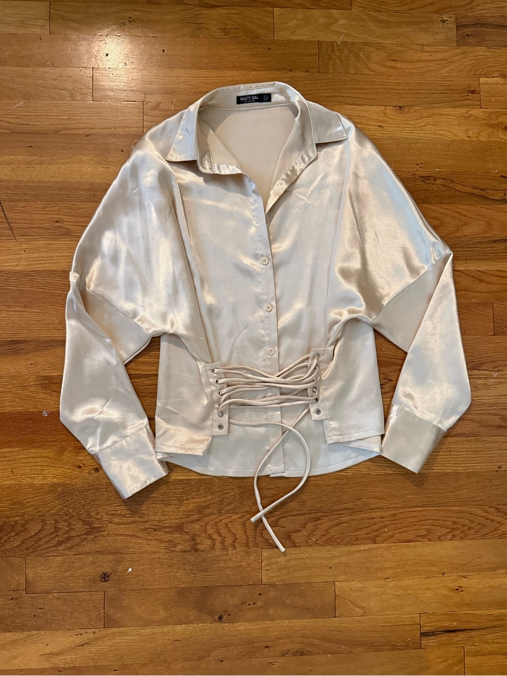 Nasty Gal Champagne Satin Lace-Up Button Down Shirt